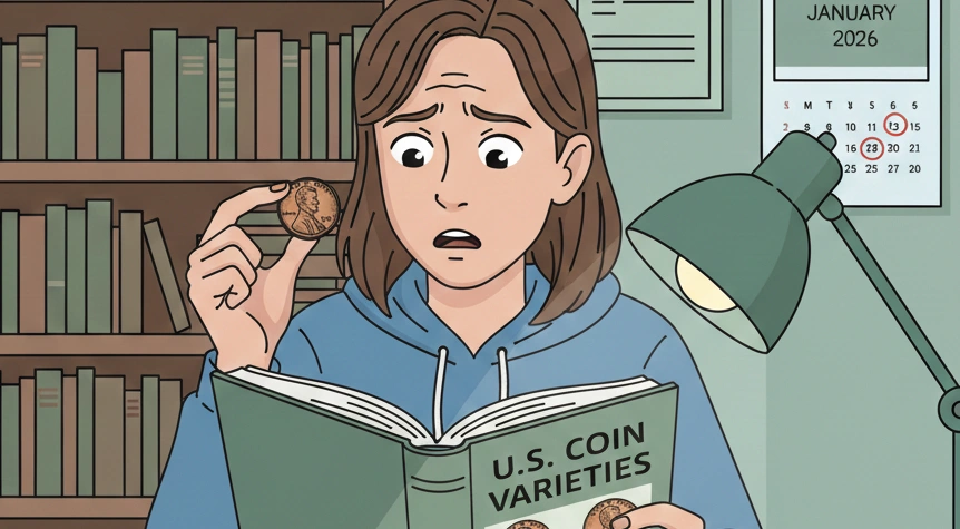 A confused beginner collector looking at a 1975 penny and reference book