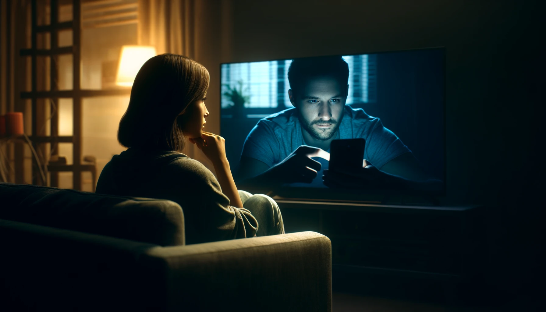 a woman is watching TV. The TV screen shows a man in a dark room using his mobile phone.