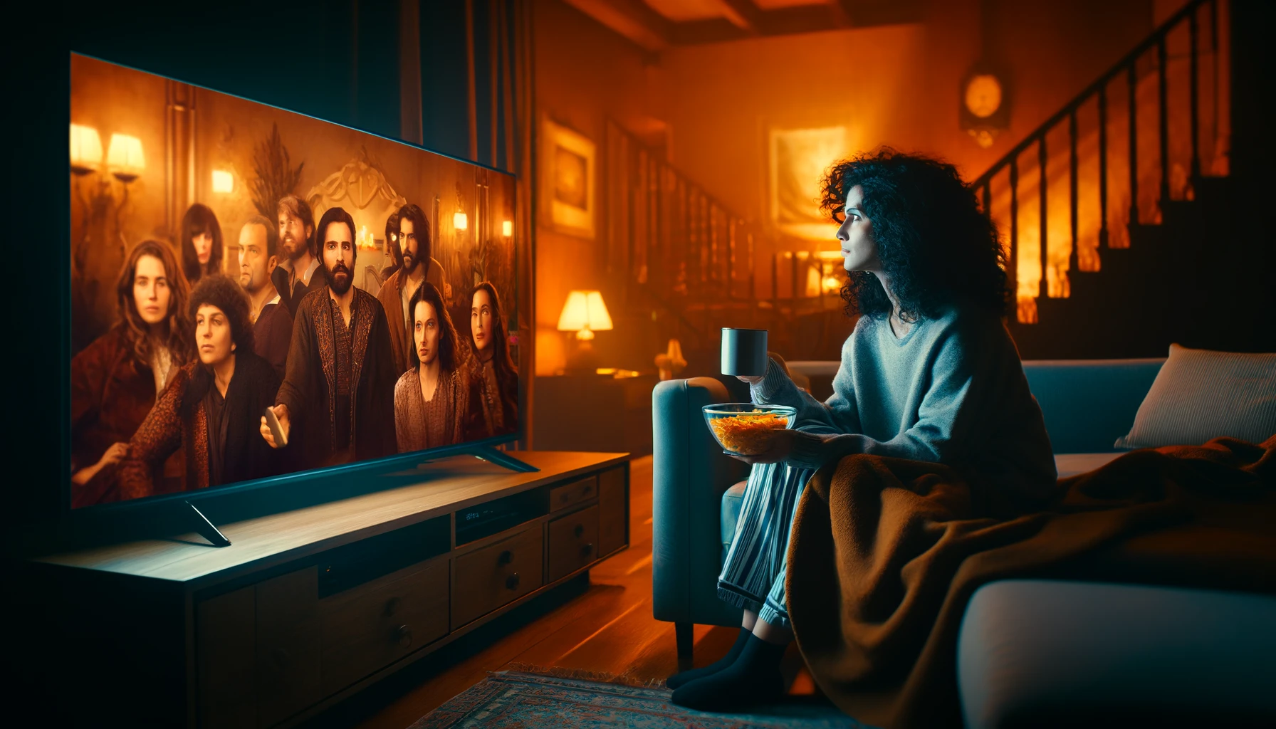 a woman watching the Turkish TV series with snacks and a drink in her hands.