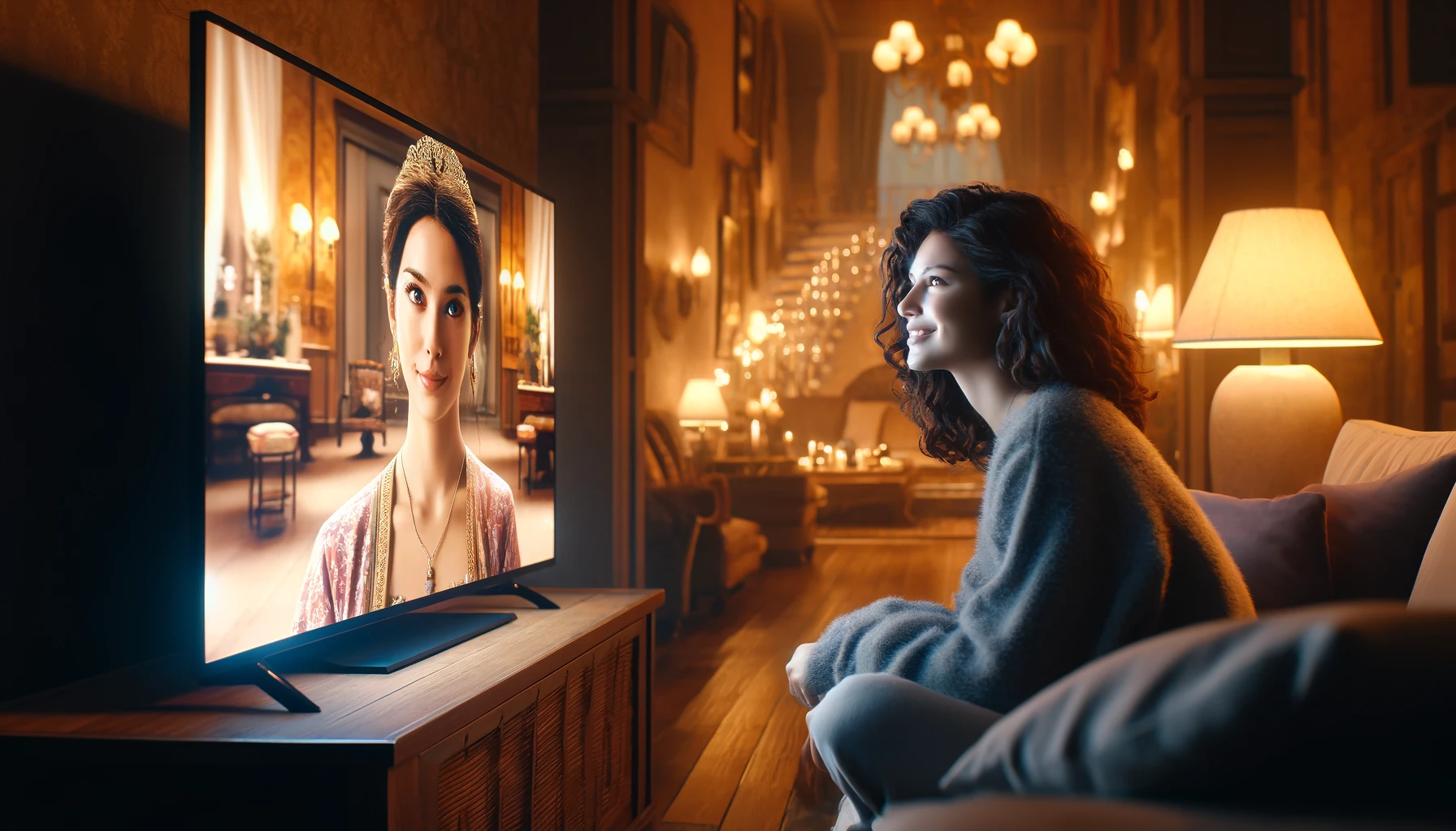 woman with dark curly hair watching the Turkish TV series sitting on a sofa.