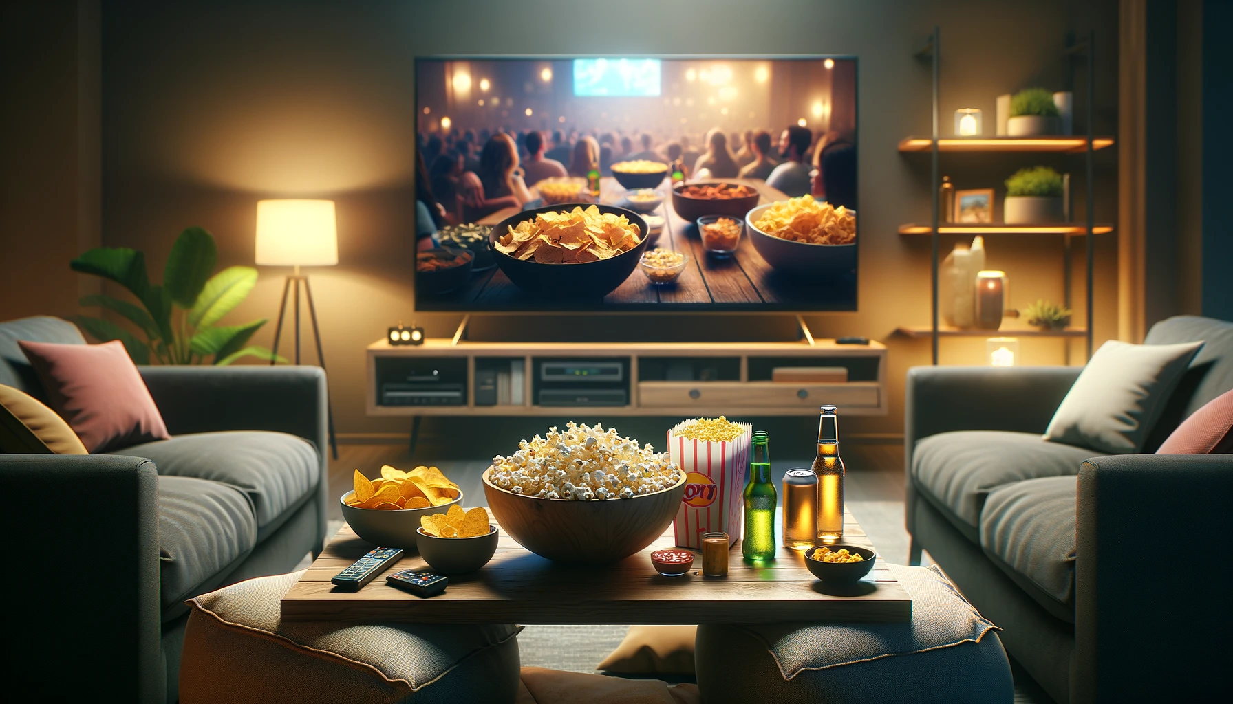a wooden coffee table in front of a large flat-screen TV, covered with snacks like popcorn, chips, and soda cans, reflecting a typical movie night atmosphere. 