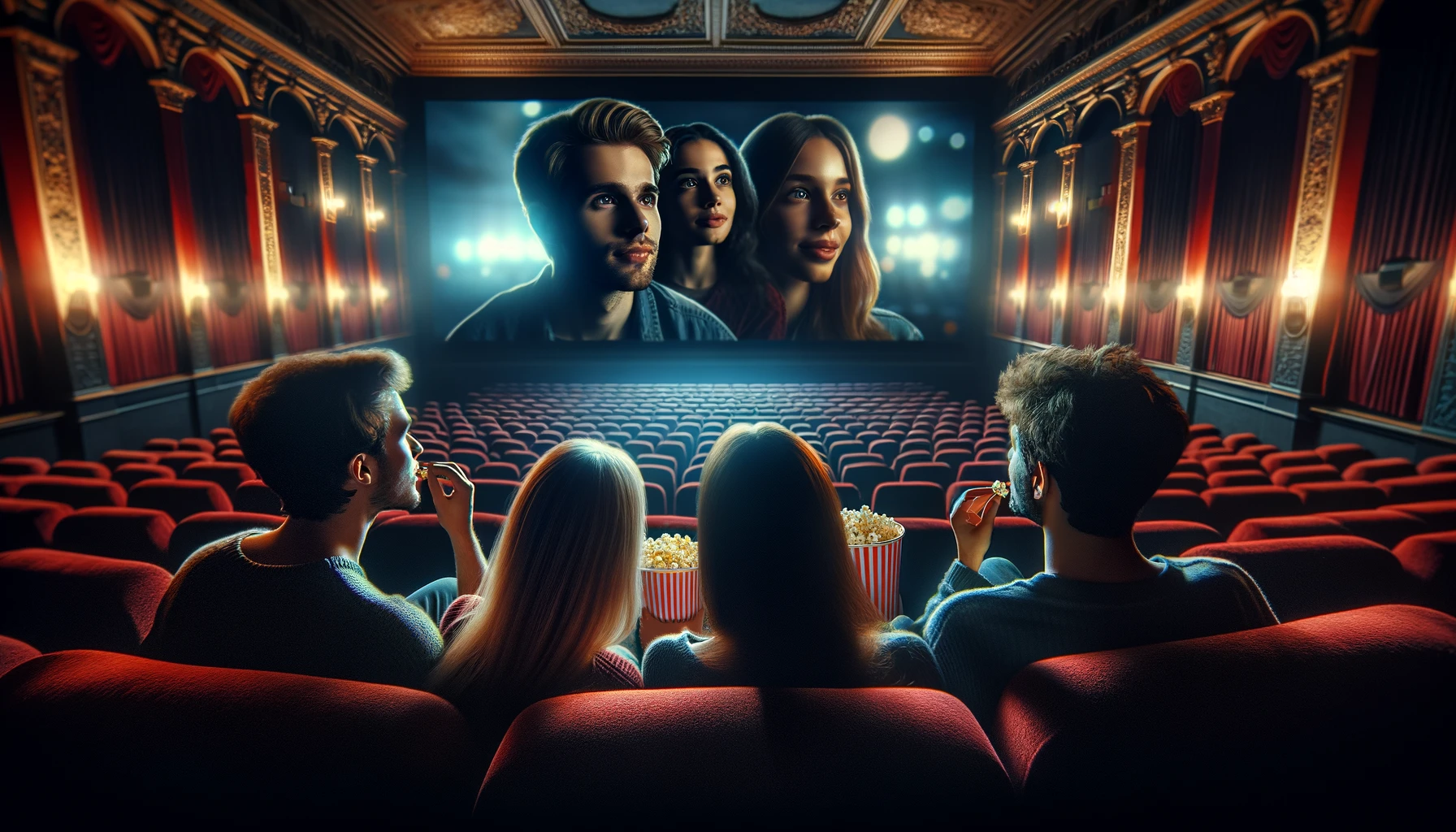 a group of four friends (two male and two female) from behind, seated in the middle of a dark cinema.