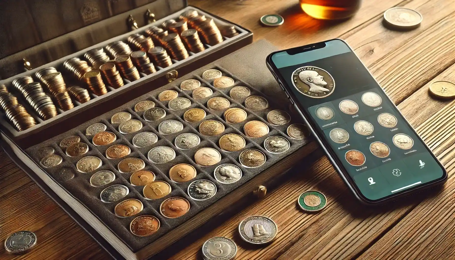 A collection of coins neatly organized in a special album on a wooden table. Next to the album is a smartphone displaying a coin collection app, showing a detailed database of coins.