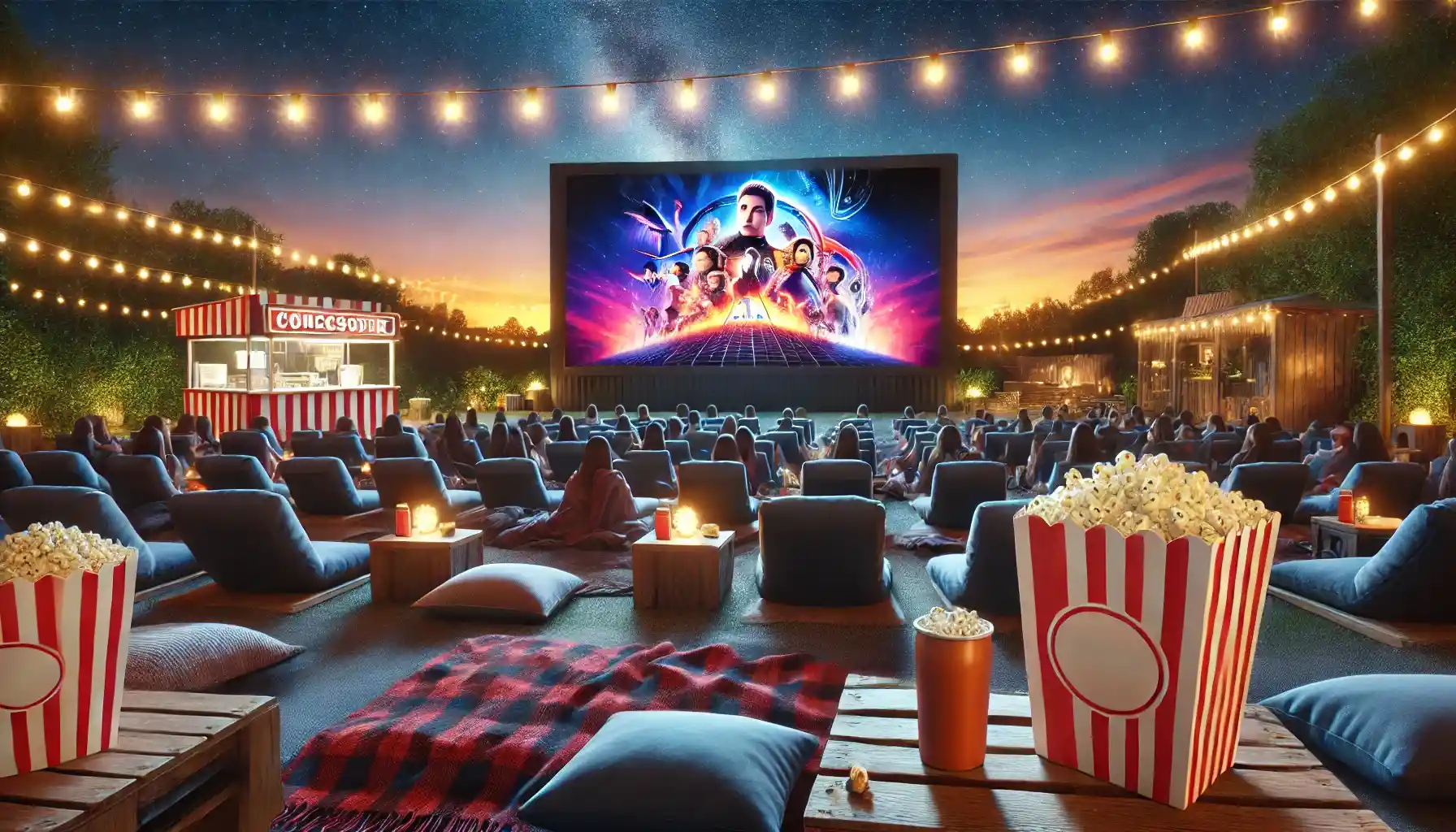 an outdoor cinema event at twilight, featuring a large projector screen with a vibrant teaser for an upcoming blockbuster movie. 
