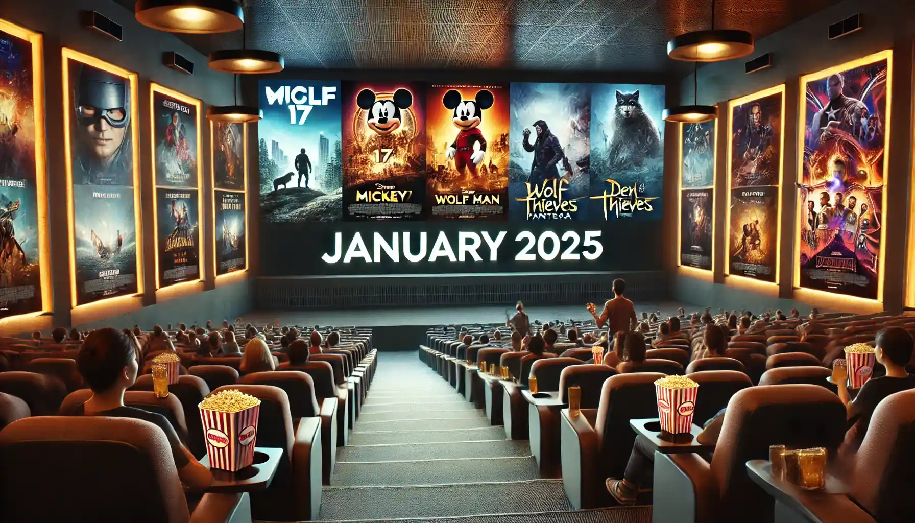 a modern cinema interior showcasing a large digital screen displaying upcoming January 2025 movie posters, including 'Mickey 17,' 'Wolf Man,' and 'Den of Thieves 2: Pantera.'