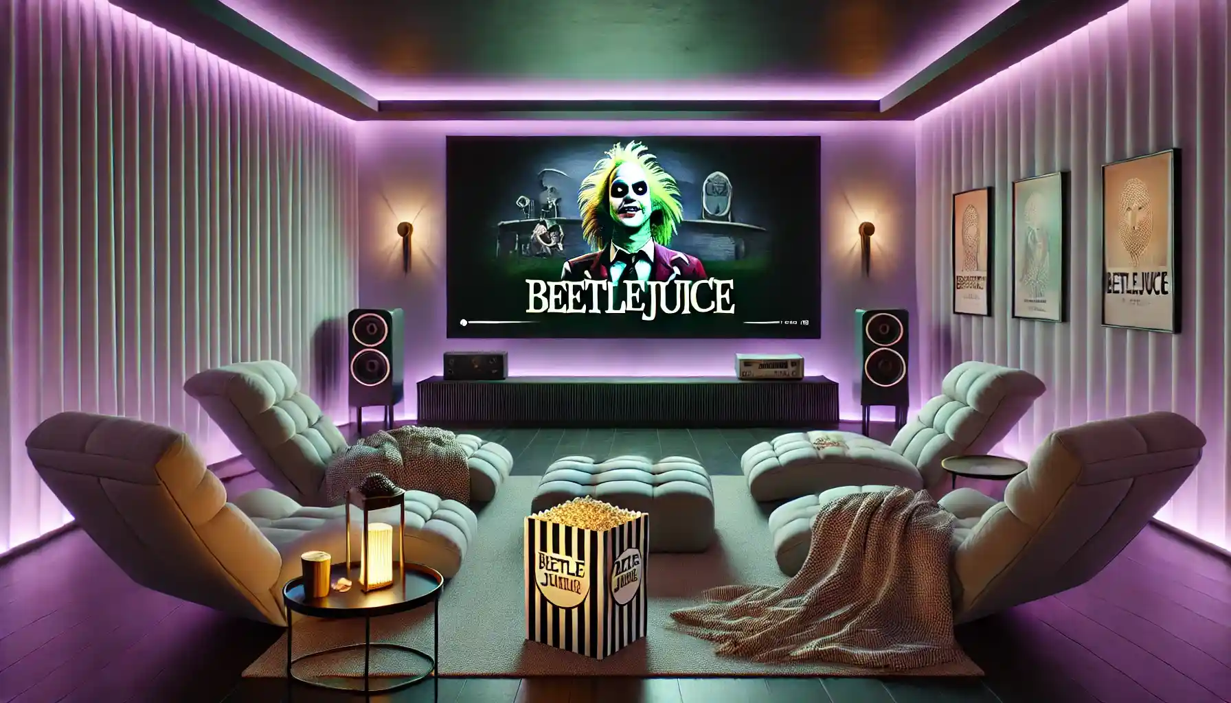 a home cinema setup featuring a wall-mounted projector screen displaying the title 'Beetlejuice Beetlejuice,' surrounded by minimalist decor.