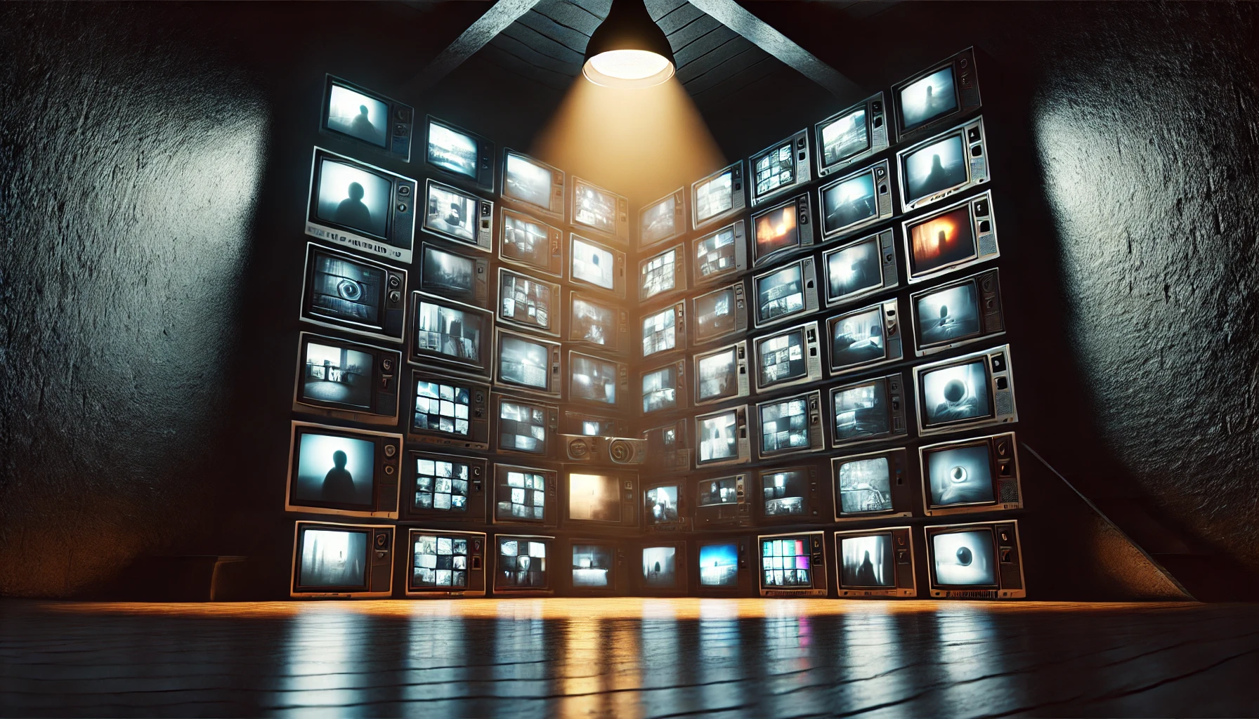 A dark room filled with multiple TV screens, all seemingly focused on the viewer, casting an eerie glow and creating an unsettling atmosphere of surveillance.