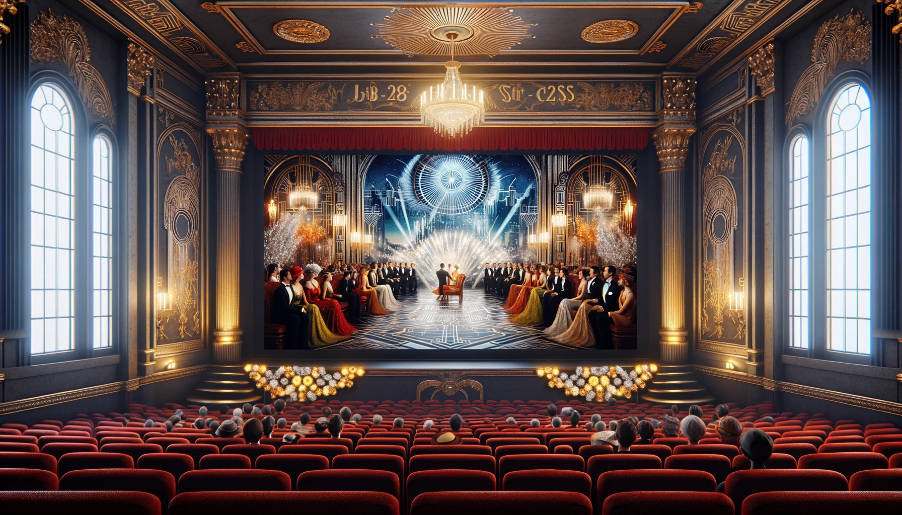  vintage cinema screen in a classic theater showing a scene from a movie adaptation of classic literature. 