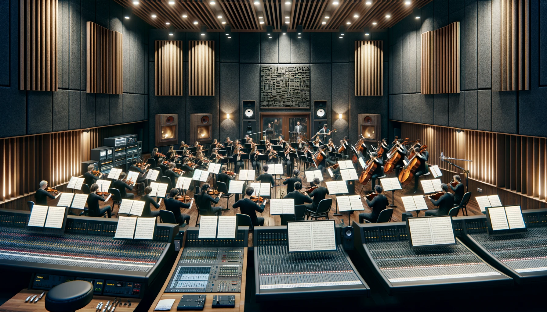  a film score recording session in a professional studio.