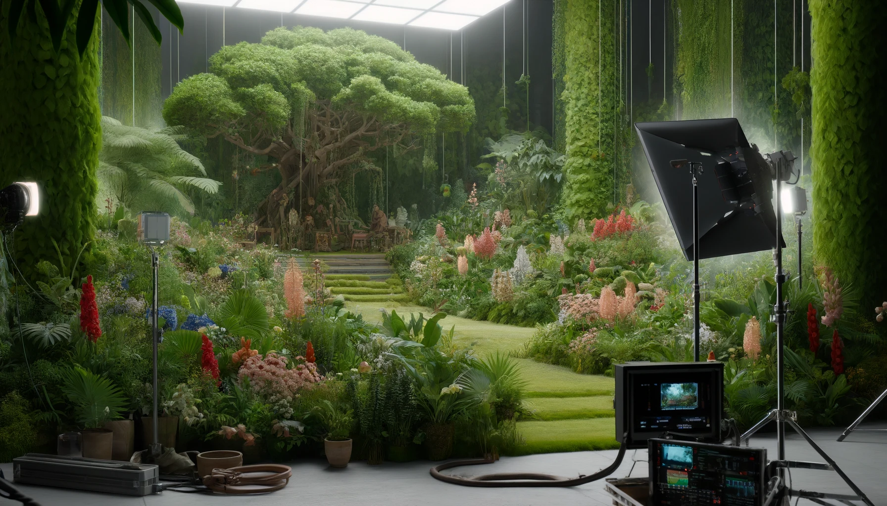 a film set featuring a lush, green garden with various plants and flowers. 