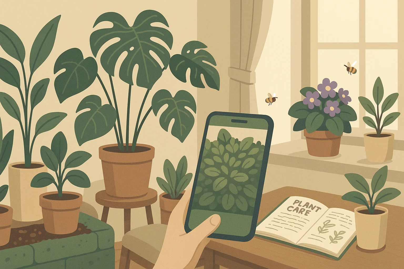 A living room filled with plants and a care journal lying on the table.