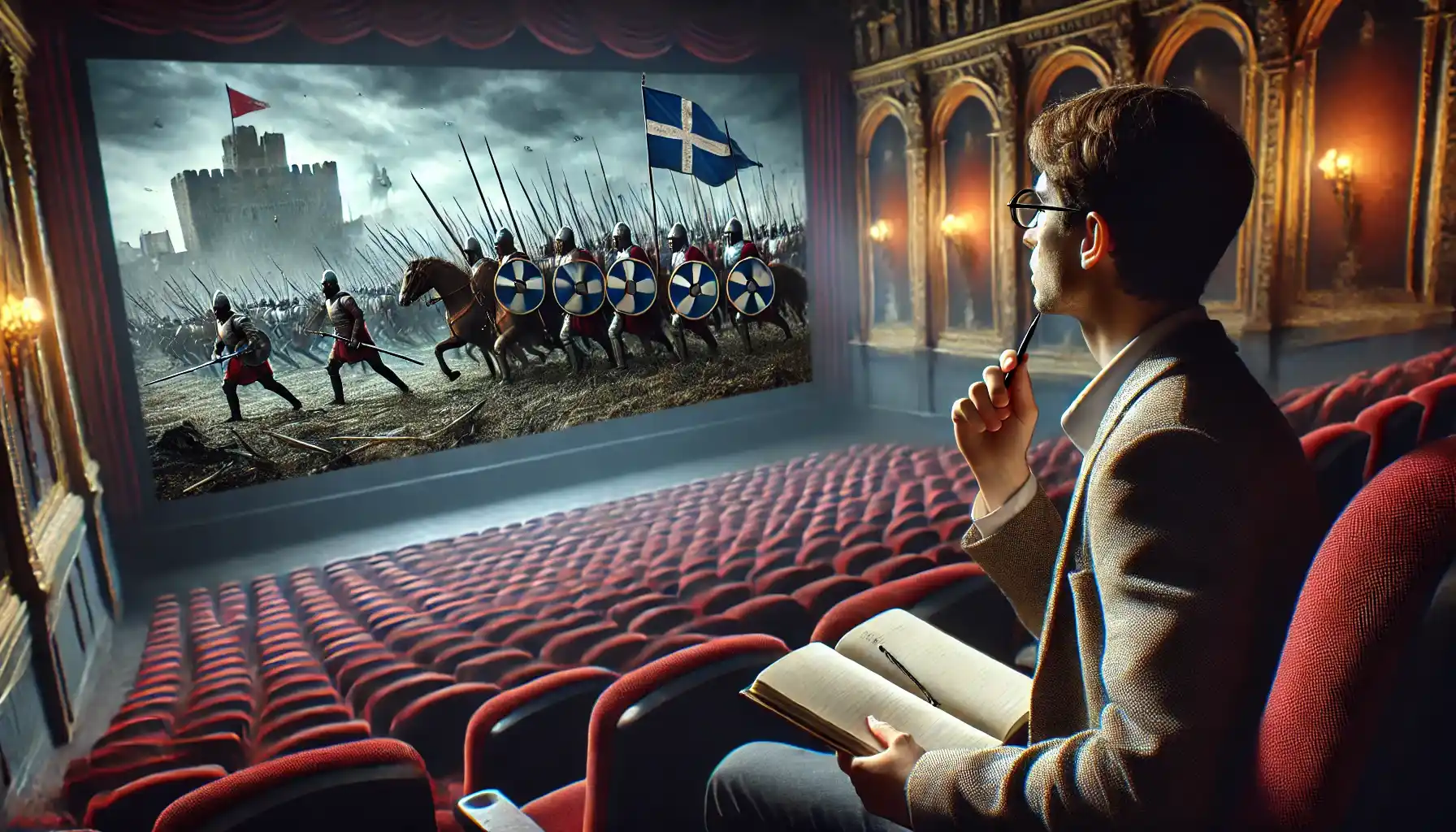 The historian, with a notebook and pen, attentively observes the screen, where an epic medieval battle scene is playing.