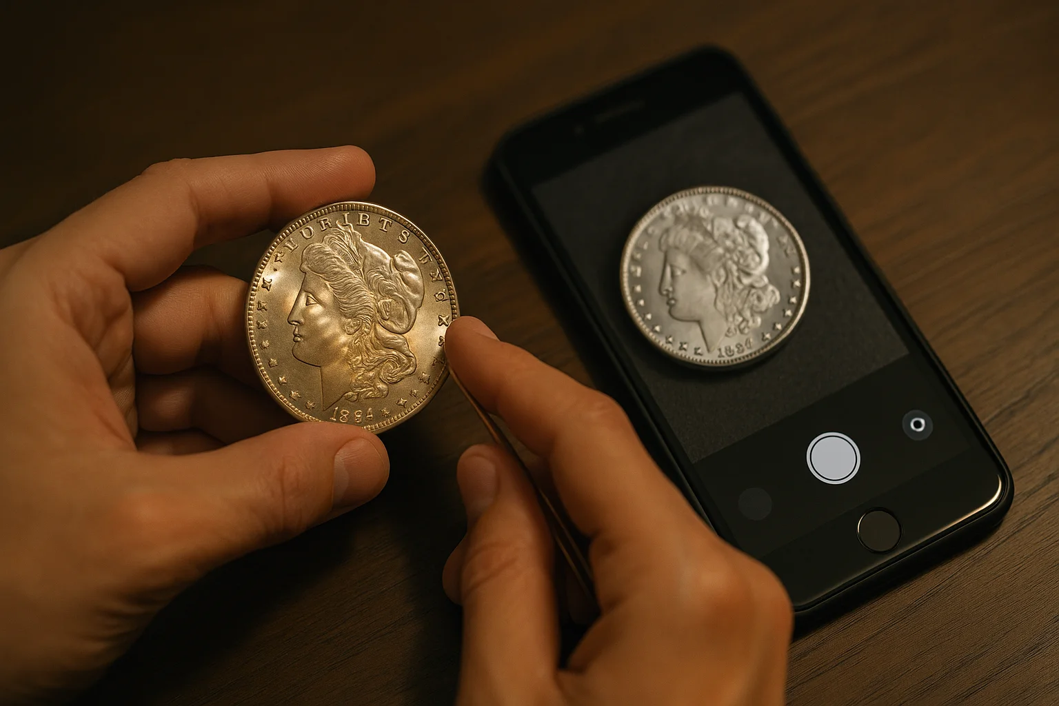 A collector slowly rotates a Morgan Dollar under soft light to observe the cartwheel luster effect, while a photo of a coin for digital collection lies nearby for documentation.