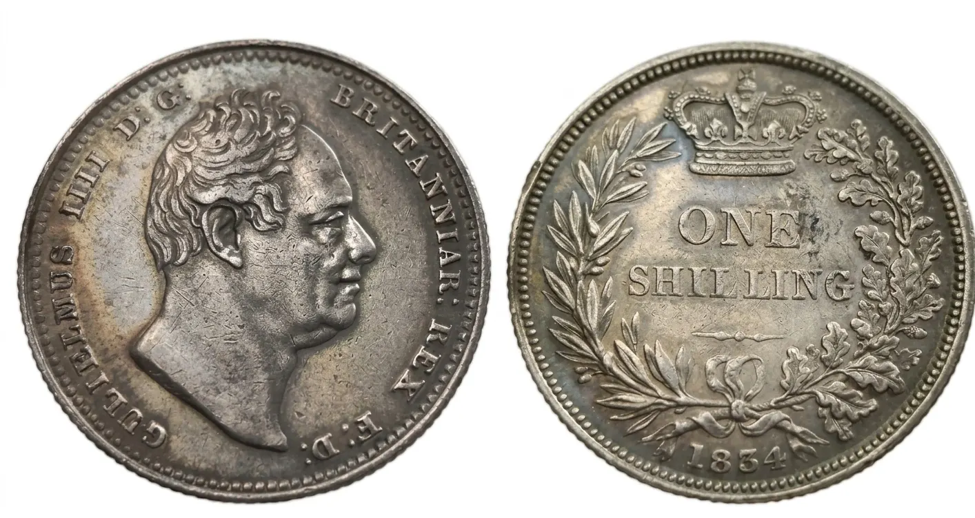 Close-up of a historical shilling coin